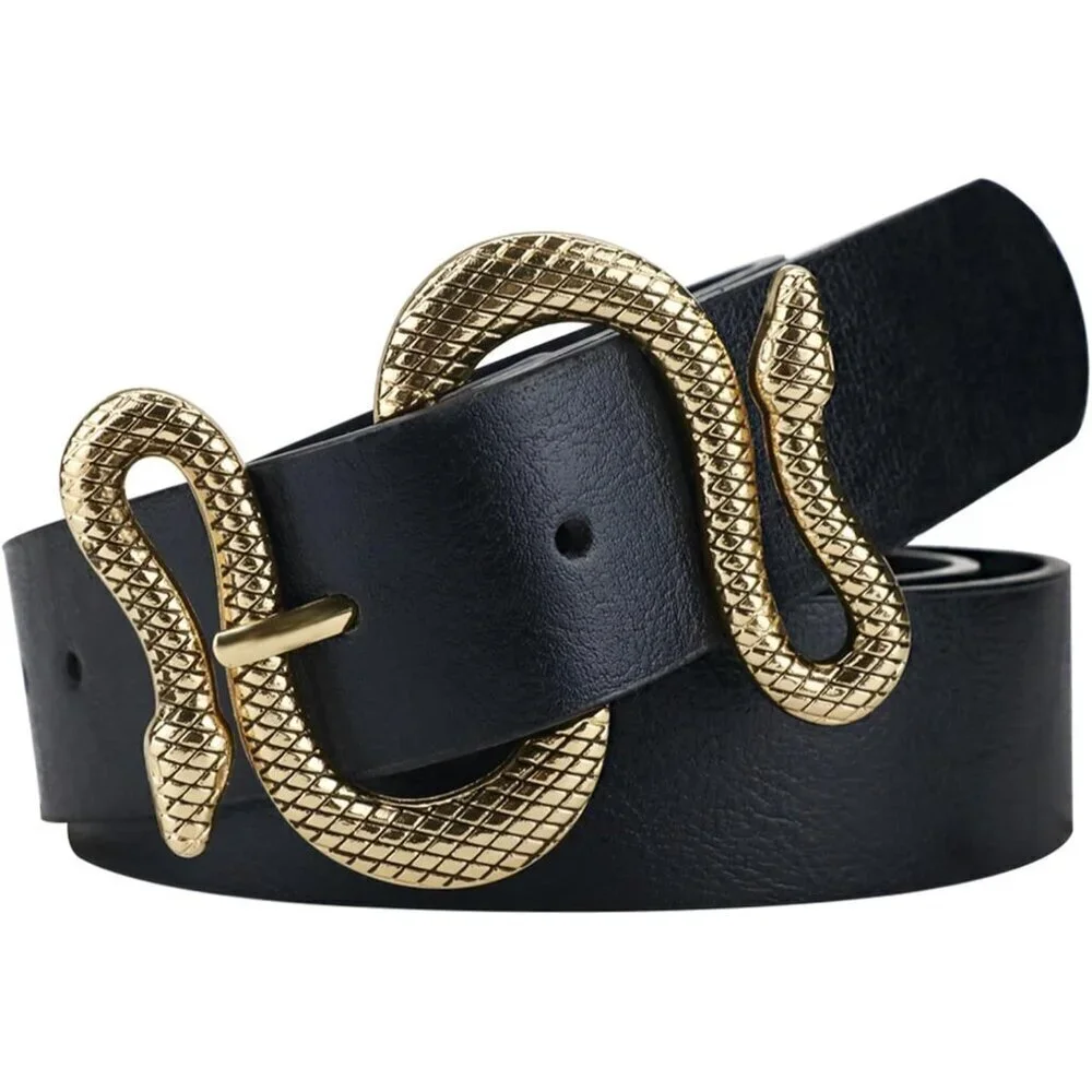 Women's Black Fashion Leather Belt For Dress With Snake Shape Buckle